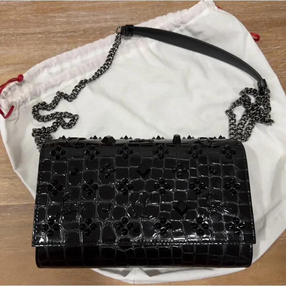 Christian Louboutin Paloma Croc Leather Crossbody Clutch Bag Black